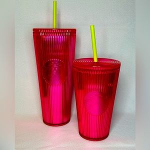 Set of 2 Starbucks Hot Pink Fuscia Shiny Ribbed Pattern Tumblers Cup with Staw